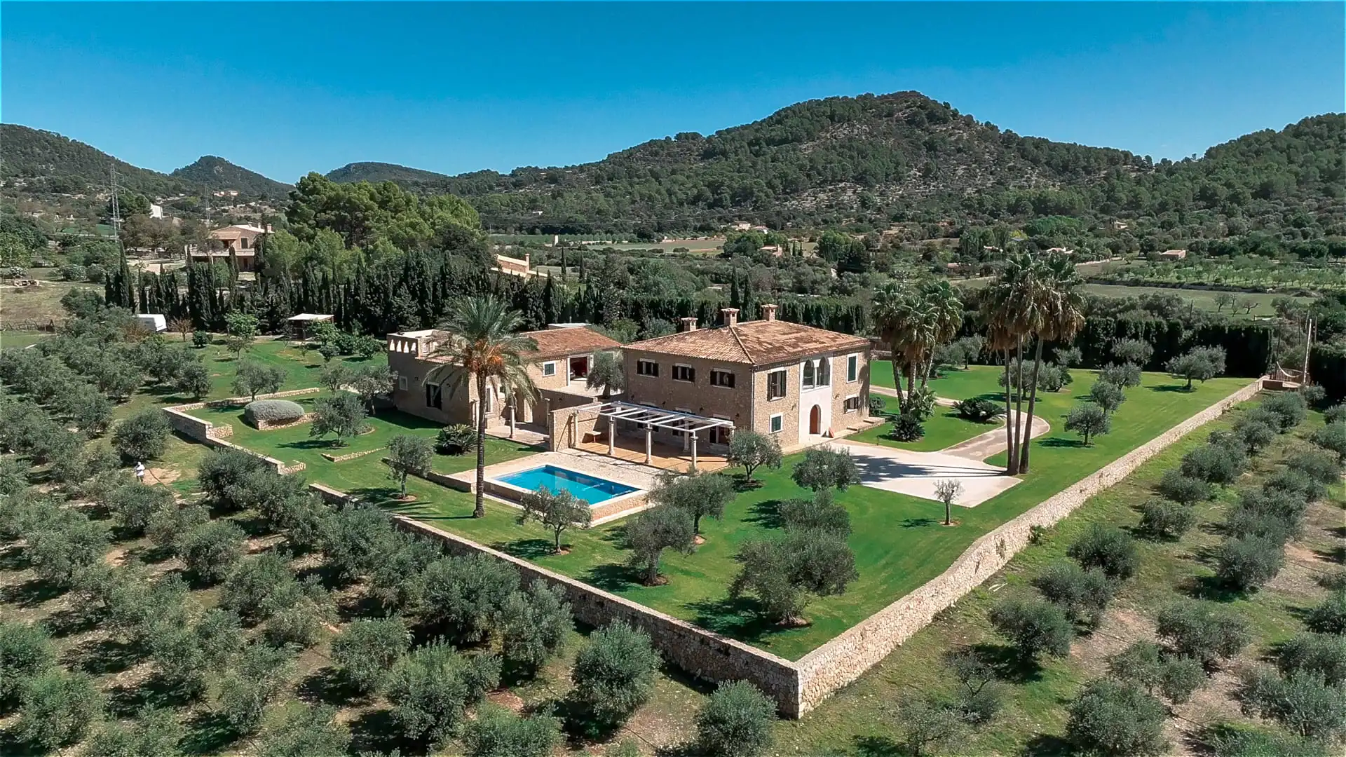 drone shot of Rustic Look Villa in Mallorca