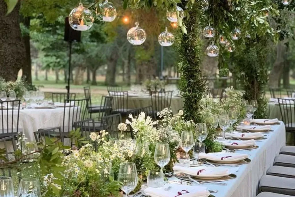 wedding table decoration with garden in background