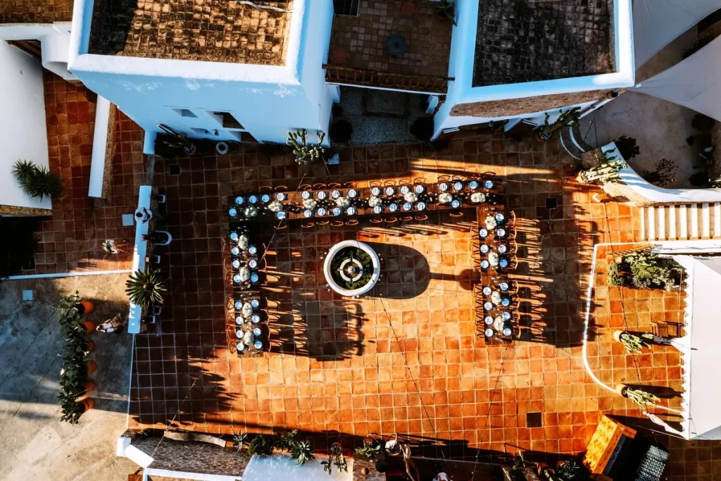 sky view of exterior of farmhouse venue in Ibiza